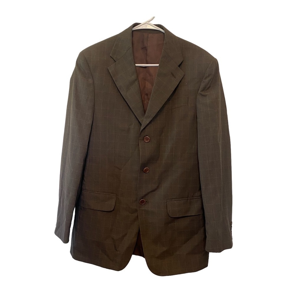 PERRY ELLIS Men’s Brown Lined Button Down Padded Shoulder Collared Suit Career